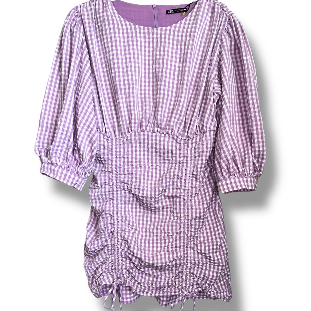 Zara Gingham Ruched Mini Dress Blogger Fav Cottagecore Puff Sleeve Sz L Coquette